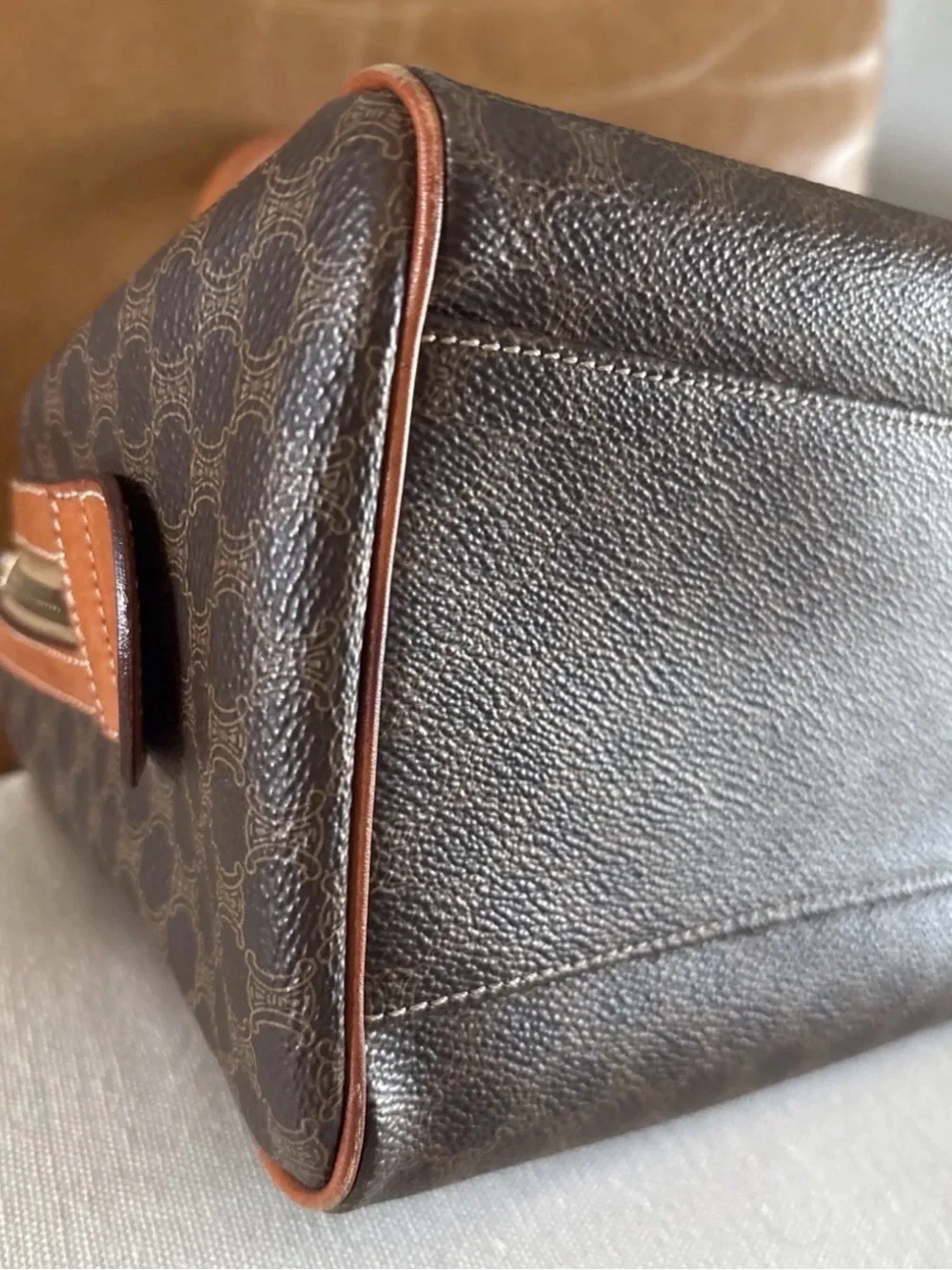 CELINE PVC Leather Mini Boston Bag Brown Camel Macadam Vintage - Picture 7 of 15